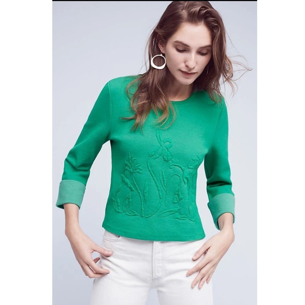 Moth Anthropologie Green Floral Sweater Cuffed Sleeve L